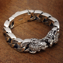 S925 sterling silver leopard ponytail woven double leopard head bracelet domineering mens retro Thai silver original handmade silver bracelet