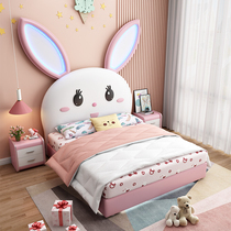 Modern cartoon new pink rabbit bed childrens bed girl princess bed Childrens leather solid wood net red single bed