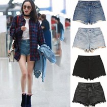 South Korea SP68 Yang Mi star same denim shorts women 2021 summer New Tide hole wide leg a hot pants