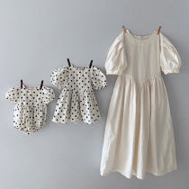 South Korean childrens clothing 2022 girls summer dress long dress baby wave points climbing clothes sisters dress mother woman dress with bubble sleeve dress
