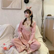 Japanese pajamas womens spring long sleeve trousers suit kimono pajamas two-piece comfortable lace-up sweet home wear