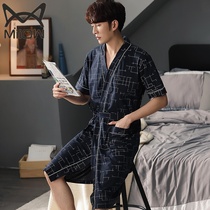 Cat person sleepwear male summer days pure cotton short sleeve thin Japanese style mid-length and mens increased code bathrobe pyjamas