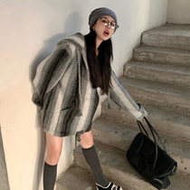 Thick gray hooded sweater jacket women lazy style striped sweater autumn and winter loose medium long chic top