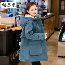 Bai Li rice velvet thickened cotton-padded clothes womens long winter clothes Korean version of cotton-padded jacket loose thin solid color with hat cotton tide