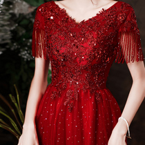 Light luxury V collar toast bride female 2021 new wine red long engagement thank banquet wedding dress dress autumn