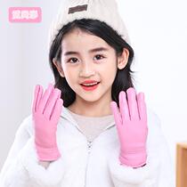 Childrens leather gloves winter boys keep warm and play snow winter children plus velvet leather Girls Primary School students five fingers waterproof