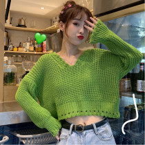  In autumn the new building sky wild fashion small short sweater for women with high-waisted pants loose and thin sleeves