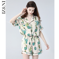 IIZZINI 2021 PAJAMAS WOMENs summer THIN SHORT-sleeved ICE SILK CACTUS PRINTED SHORTS SILK HOMEWEAR SET