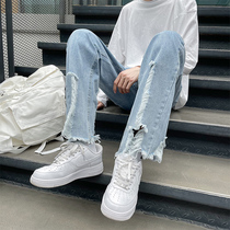 Broken Hole Jeans Man Loose Straight Cylinder Hair Side Design Superior Feel Fried Street Pants Pituality Vandalism High Street Horn Pants