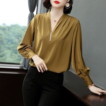 Large size long-sleeved top shirt womens spring thin section 2021 new womens belly cover mother top chiffon shirt spring