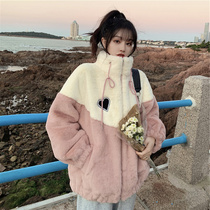 Lamb plush thick coat women autumn and winter 2021 new color matching stitching warm small man Stand Collar Cotton Coat