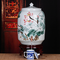 Jingdezhen porcelain hand-painted household pure bucket tea storage tank cold water pot with lid large 50 kg wine jar