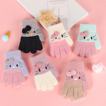 Childrens knitted warm gloves for girls winter windproof plus velvet cute cartoon KT cat cold baby gloves