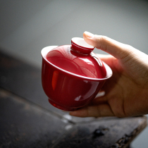 Grass-wood Temple pastel ceramic bowl hand-painted single household tea bowl Ercai tea bowl with red glaze kung fu tea set