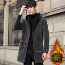 Hairy coat mens winter thickened Korean handsome medium long mink velvet woolen coat hooded Nizi trench coat
