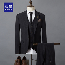 Romon mens suit Striped business casual suit Male groom wedding Korean version formal two three four-piece suit