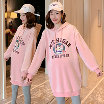 Pregnant women spring and Autumn fashion velvet thickened gold velvet hooded sweater 2021 new loose large size medium-length top