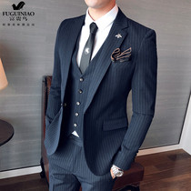 Rich bird suit suit Mens three-piece suit Korean slim casual formal wedding dress British striped suit