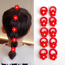 Children New Years headwear Chinese wind red plush flowers small leather gluten baby head rope without injury New year hair ring female