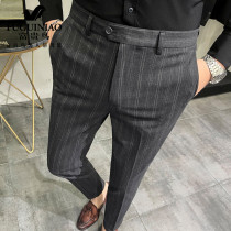 Fugui bird mens striped trousers spring and autumn Korean trend slim feet casual business black suit pants