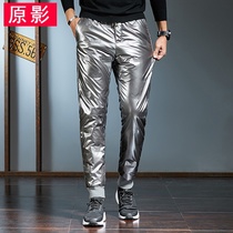 Winter silver shiny down cotton pants men thickened cold warm pressure micelle feet outdoor sports wear long pants
