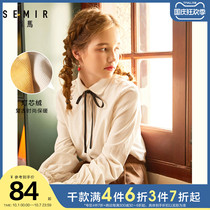 Semir early spring shirt Womens bow collar shirt ladies long sleeve top white spring corduroy coat ins