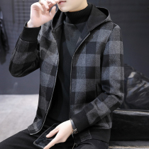 Double-sided woolen coat mens short hooded cashmere jacket winter youth Korean version of slim wool woolen plaid coat