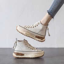 Tide brand high-top small white shoes women 2021 Spring and Autumn New Korean version of leather thick-soled boots Joker Waffer Forrest Gump womens shoes