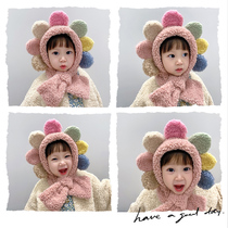 Hats and scarves one childrens autumn and winter Girls cute super cute Korean version of warm plus velvet big flower ear protection