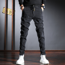 Elastic waist casual jeans mens autumn and winter Korean trend plus velvet feet pants mens solid color slim trousers thick