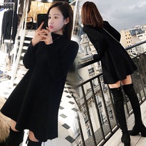Autumn and winter large size womens windbreaker with thick knit sweater loose belly covering long temperament sweater dress