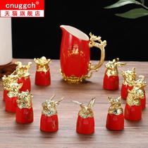 Household twelve Zodiac gilt gold ceramic small wine glass wine set Chinese 12 animal head white wine glass spirits cup set