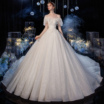 One-character shoulder light main wedding dress 2021 new bride temperament Starry Sky tailing thick arm French simple summer