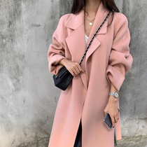 Double-sided cashmere coat womens long 2021 autumn and winter new high-end small split pink wool coat