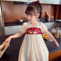 Girl Hanfu Dress Summer 2021 New Vintage Children Chinese Style Embroidery Dress Little Girl Chiffon Skirt