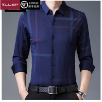 Shirt mens business formal spring and Autumn tide brand all-match high-end long-sleeved non-ironing anti-wrinkle mulberry silk plaid shirt