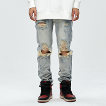 (ChaoWOO Exclusive) YORAINBOW WASHED with Washed Zipper Breaking Cowboy Long Pants Mens Spring Autumn American High Street Loos