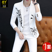 Suit two-piece suit 2020 autumn new net red suit suit mens trend casual white personality printed jacket