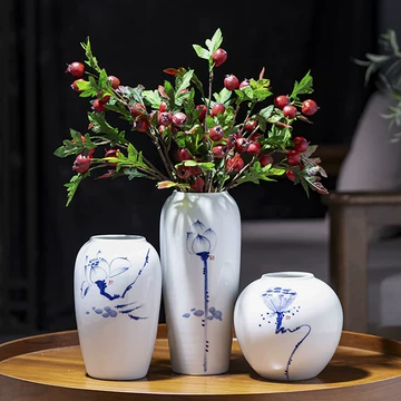 景德镇花瓶陶瓷毛绘荷花青花新中式-景德镇花瓶陶瓷毛绘荷花青花新中式