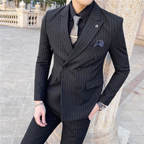 Suit suit Mens summer professional formal business casual Double-breasted striped suit Best man Groom wedding dress