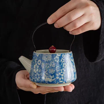 中国美術 手描き 青花花鳥紋 かわいくっ 提梁壺 急須