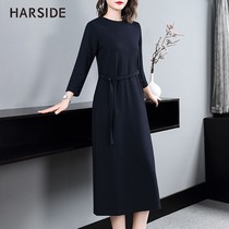  HARSIDE dress womens mid-length French round neck long-sleeved waist thin wild plus size skirt autumn new