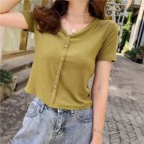 Solid color short-sleeved t-shirt womens summer 2021 new trendy pure cotton slim slim V-neck high waist short knitted top women