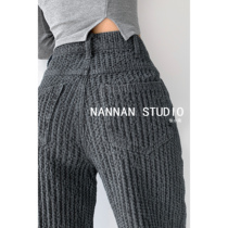 Retro niche air-sensing woven jeans womens autumn and winter slim high-waisted straight wide-legged trousers