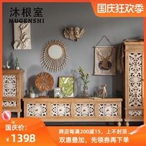 American solid wood TV cabinet living room high and low cabinet combination home bedroom small homestay carved retro old decoration