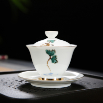 Hand-painted bowl tea cup ceramic kung fu tea set home large tea bowl Cup white porcelain jingsai three only cover Bowl single