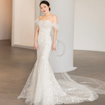 2021 New Starry Sky fishtail Moren series French welcome light wedding dress dress dress bride tailing temperament shoulder