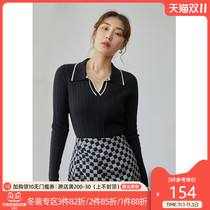 Single bunch size Contrast small lapel knitwear women autumn and winter 2021 new fat MM slim base shirt
