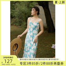 Solo bouquet holiday windy fresh printed hanging band dress 2022 Summer new fat MM temperament style one-piece dress