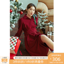 Single size shirt style temperament red dress womens fall winter 2022 new fat MM tie waist A-line skirt